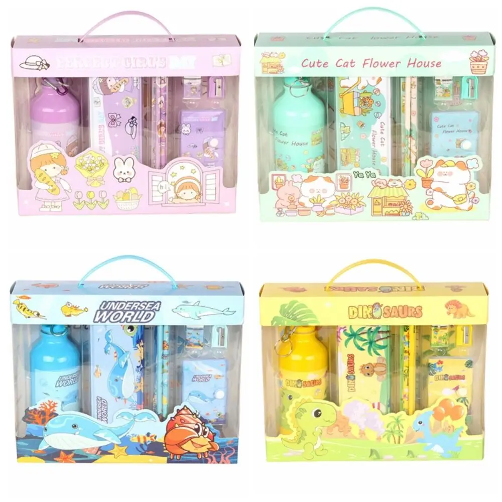 Set Alat Tulis 8 in 1 Penghapus Pensil Penggaris Buku Catatan Pengasah Pensil Hadiah untuk Siswa Botol Air Kawaii