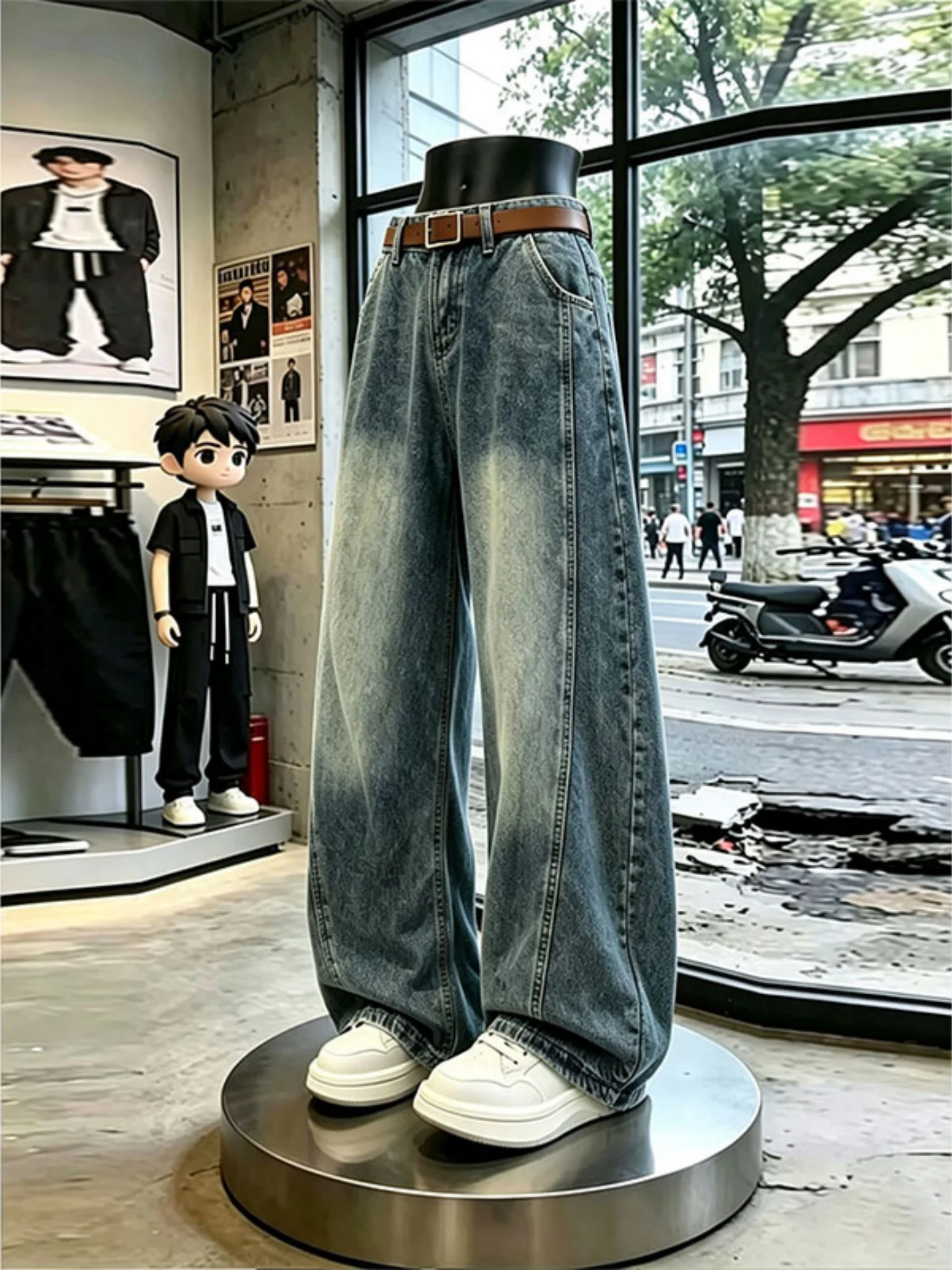 Retro Washed Blue Men's Denim Jeans High Street Style Knife  Wide Leg Pants Slanted Cut Design Straight Leg Trousers