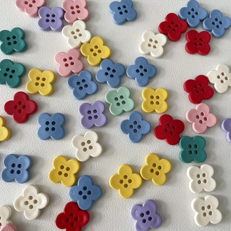 50Pcs Mixed Color Cartoon Resin Four-Petal Flower Buttons for Sewing, Knitting, DIY Clothing, And Crafts - 15mm Diameter