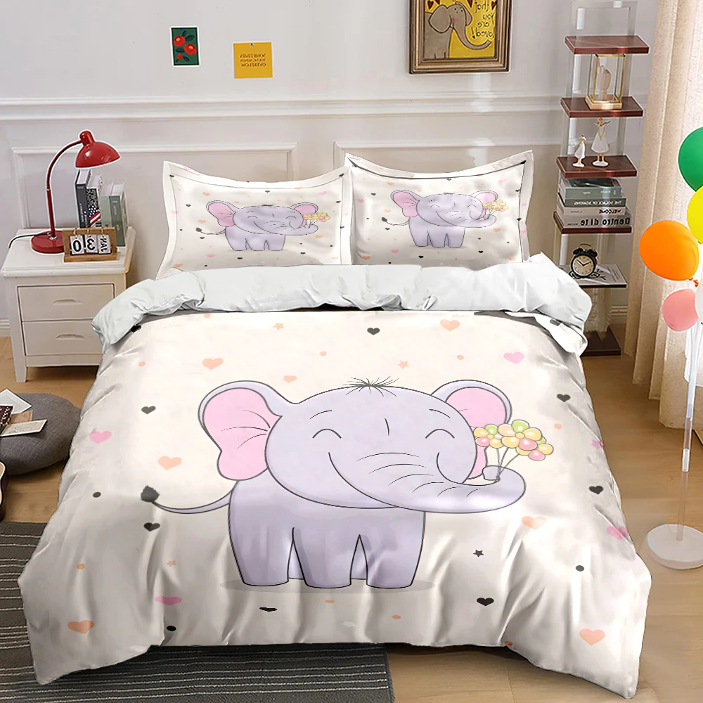 Cute elephant holding flowers Print Bedding Set 1 Duvet Cover 2 Pillowcases for Adult and Children Luxury Gift Full Size