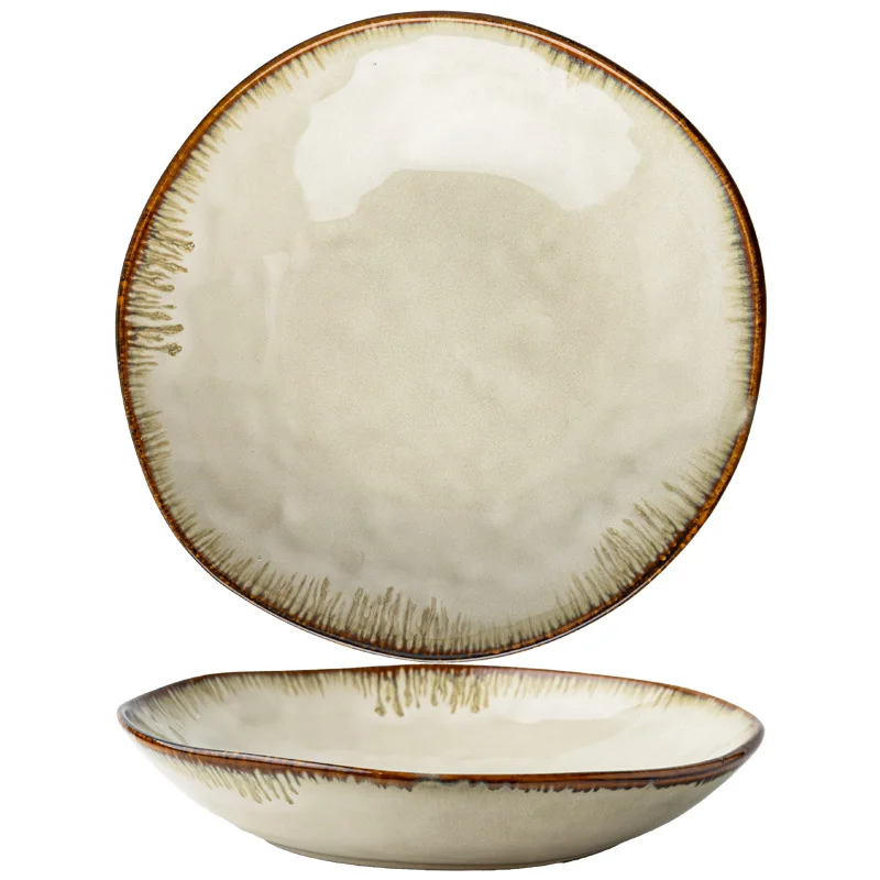 High Aesthetic Irregular Deep Plates Retro 9 Inch Kiln Change Ceramic Salad Plate Creative Dinner Serving Dish Daily Tableware