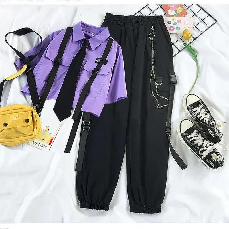 Women Cargo Pants 2 Two Piece Sets Female Suit Harajuku Shirts Tops + Ribbon Pocket Joggers Elastic Waist with Chain Streetwear