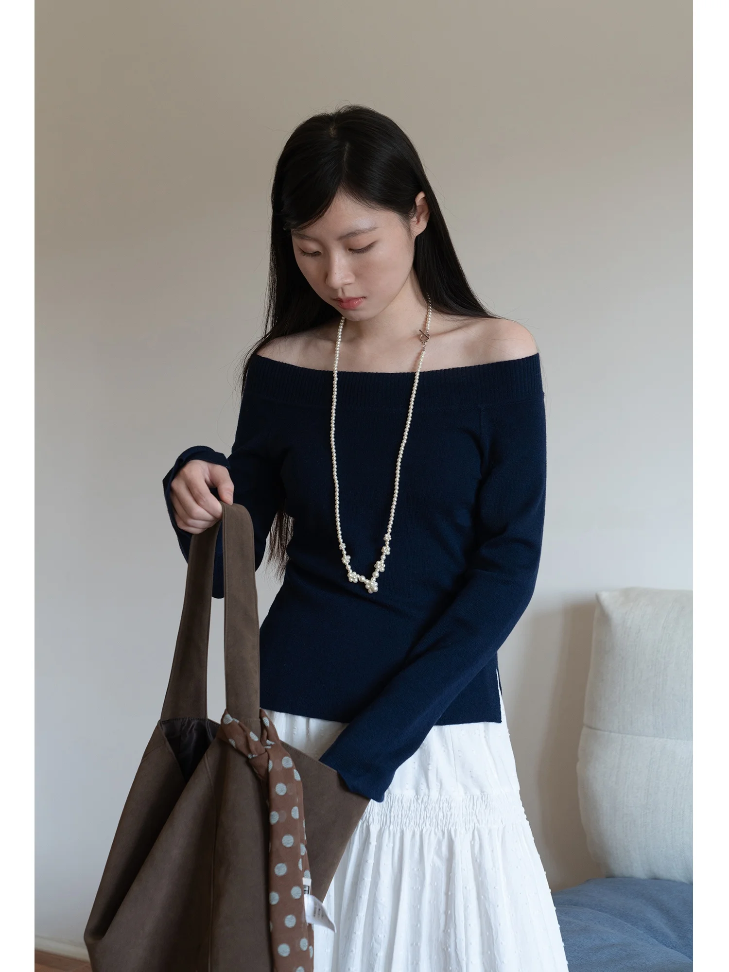 

Eggka Long Sve Вязаный свитер Pure Color Simple oulder Bared ort Утягивающий топ Sli с диагональными oulderми Женская мода