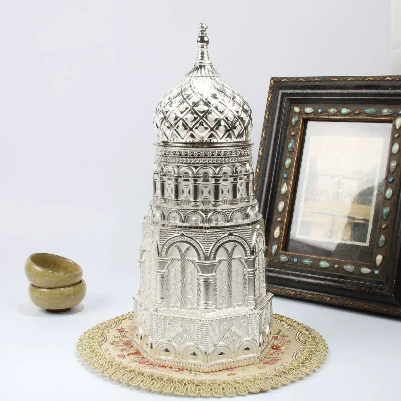 Church Shape Metal Storage Jar Large Sealed Tea Canister Enamel Craft Ornament Home Decorative Building Figurine Container