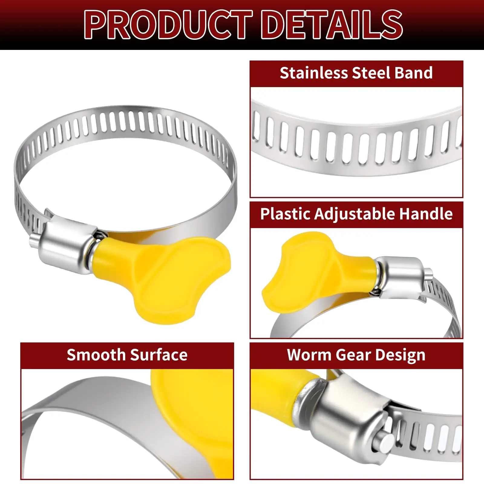 10pcs Adjustable Yellow Plastic Handle Hand Twist Hose Clamps Worm Driving 8-44mm Stainless Steel Butterfly Pipe Clip For Tube