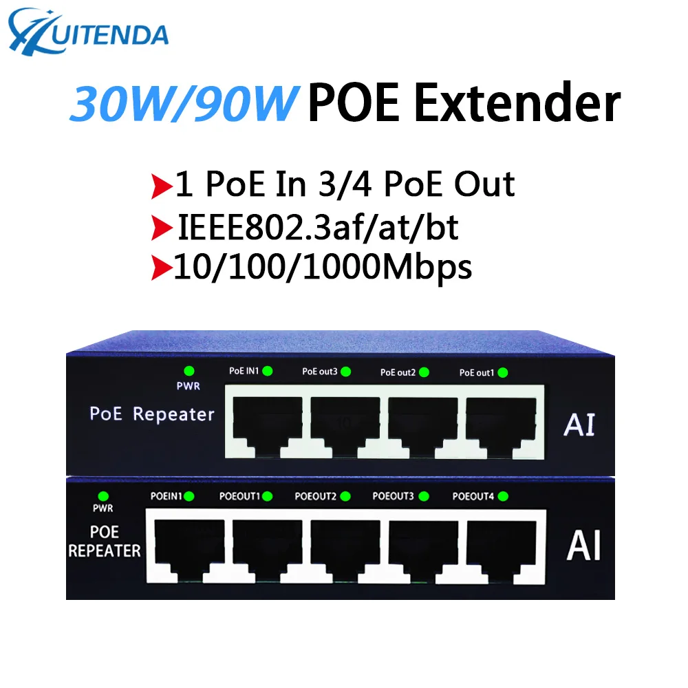 

Huitenda Gigabit PoE Extender 1-to-3/4 Port 30W/90W Switch Repeater IEEE802.3af/at/bt Plug&Play for PoE Switch IP Camera AP VoIP