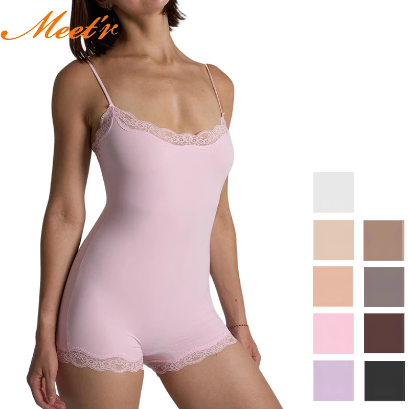 Meet‘r Melad Solid Color Bodysuit Lingerie Lace Trim Body Shaping Yoga Underwear Shapewear Women's Elastic Quick Drying Corset