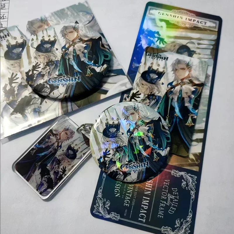 6Pcs Game Genshin Impact gift Set Furina Focalors Neuvillette collection toy Keychain Laser badge LOMO Card Postcard Laser Card