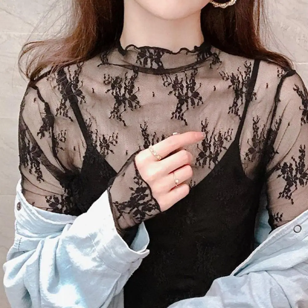 

shirt Lace Half High Collar Long Sleeve Embroidery Floral Pattern Sheer Mesh Top Women See-Through Mesh Lace Blouse Women