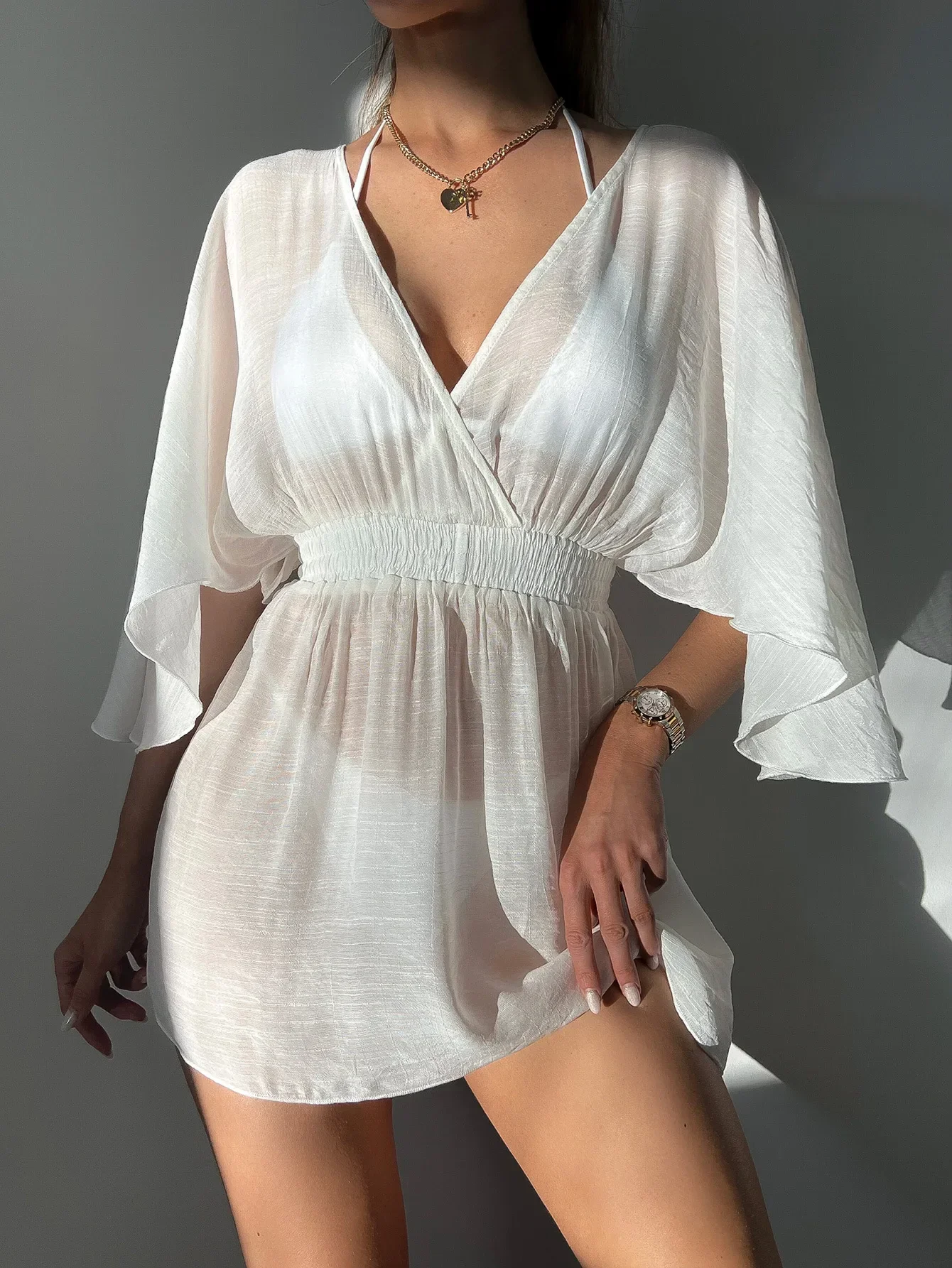 Women Sheer Mesh Cover Up Solid Black White Short Sleeve Beach Cover-Up Swimsuits 2024 Summer Belt Kimono Wrap Dresses Beachwear