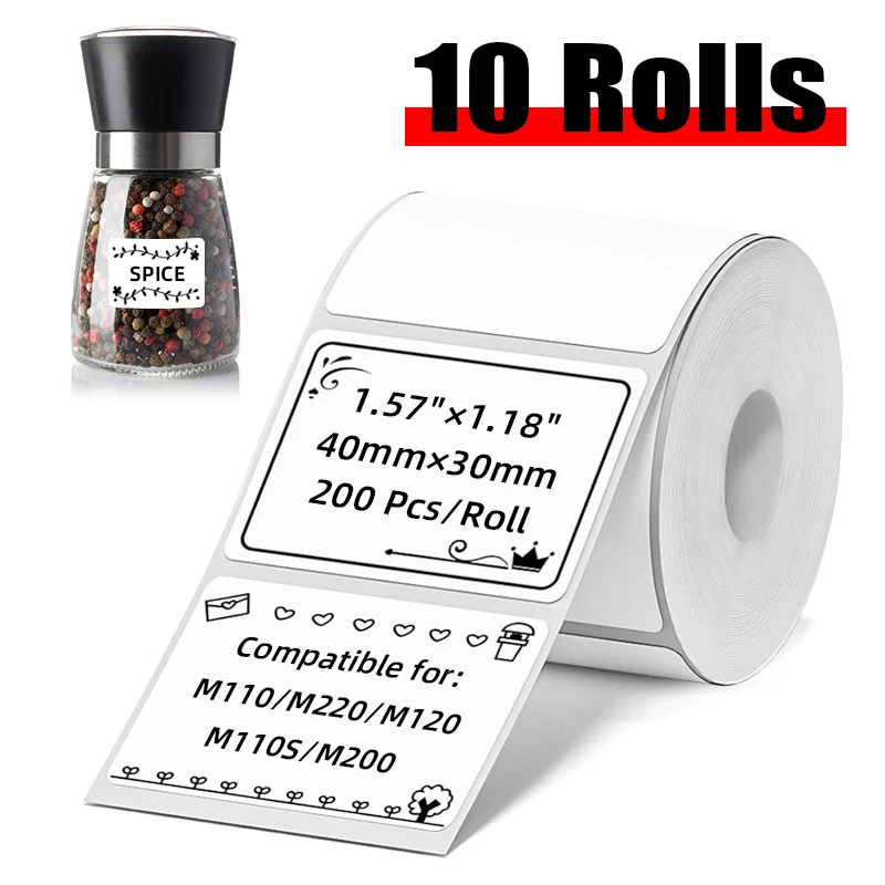 

10 рулонов белых термонаклеек 40X30 мм, каждый рулон содержит 200 наклеек для этикеток, этикетки для домашнего офиса, совместимые с портативными принтерами этикеток M110/M220/M221/M120/P50