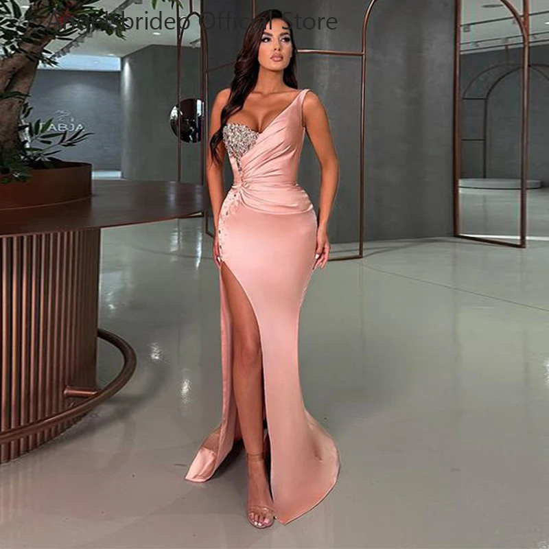 

Angelsbridep Evening Dresses Sexy Leg Slit Crystals Formal Dresses Satin Long Mermaid Evening Gowns Vestidos De Noche Prom Gowns