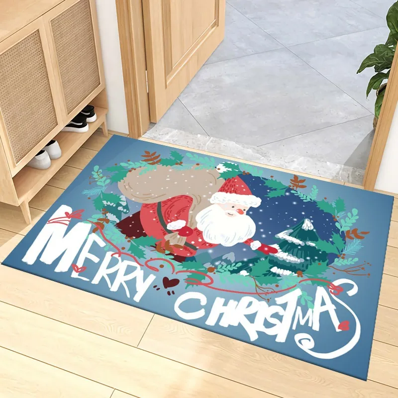 Christmas Santa Carpet Mat Rug Gift Bag Snowflake Home Decoration Festive Entryway Floor Mat with Merry Christmas Design