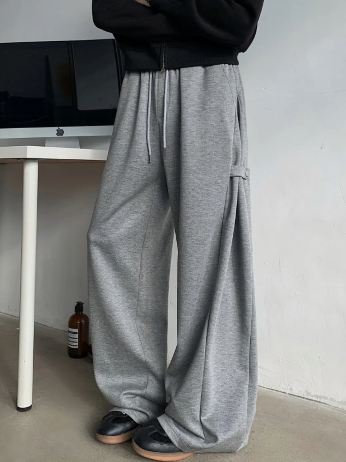 Grey Deconstructed Sporty Wide Leg Sweatpants Loose Fit American Street Style Autumn Winter Heavy Duty Casual Long Trousers