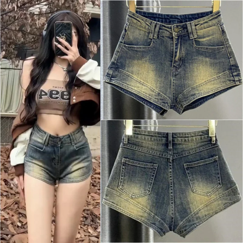 

Distressed vintage denim shorts for women, summer American style, slimming wide-leg shorts, thin high-waisted straight cutaStrai