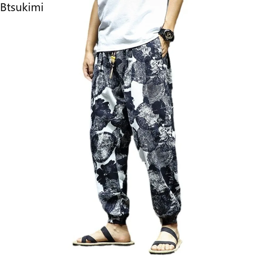 Summer Cotton Linen Pants 2025 Men's Fashion Harajuku Harem Pants Casual Hip Hop Streetwear Male Vintage Baggy Joggers Pants 5XL