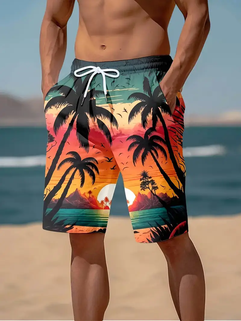 Men\'s Hawaiian Style Beach Themed Shorts 3D Sunset Pattern Print Casual Outdoor Short Pants Summer Vacation Cool Swimming Shorts