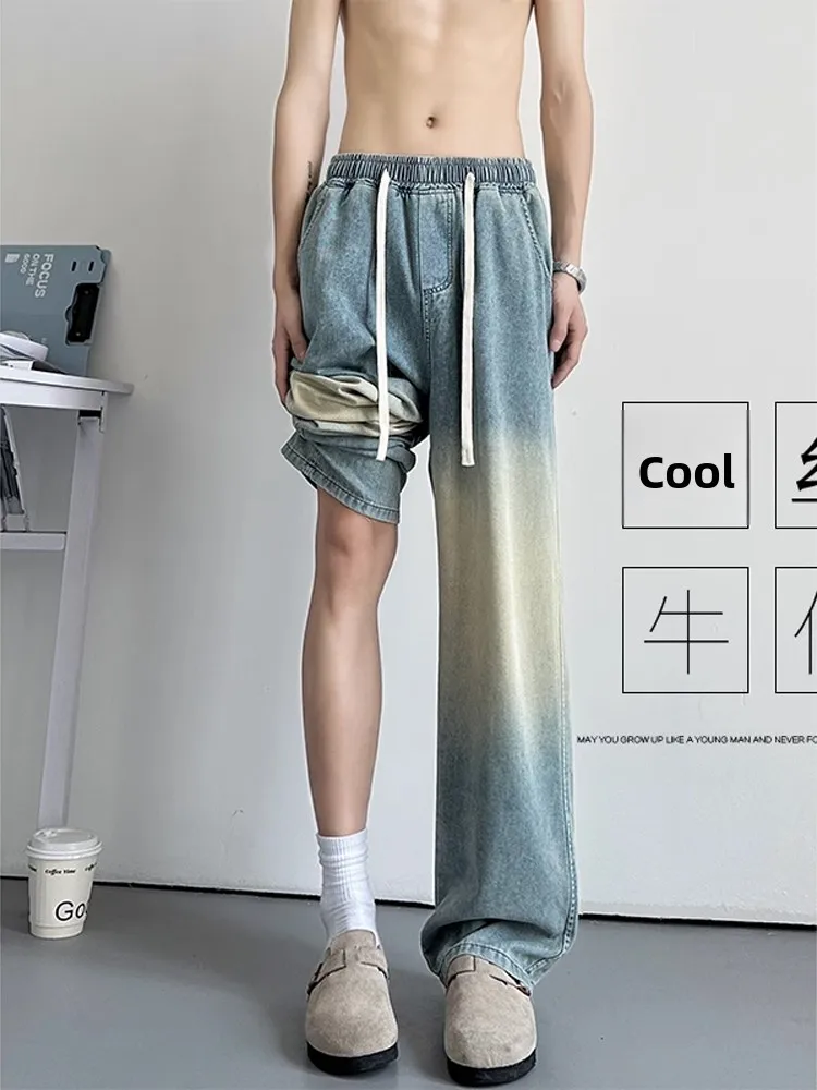

American Retro Ice Silk Jeans Men Summer Thin Loose Straight Leg Pants Teenagers Silk Pants Breathable Comfortable Straight Cut