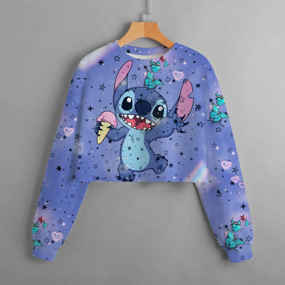 Felpa con cappuccio da ragazza Casual Cartoon Anime Fun Print Top per bambini Primavera e autunno Disney LiloStitch Maglione corto girocollo da