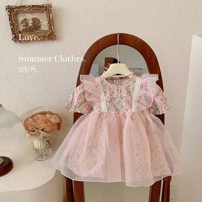 Girls Dress Floral Princess Summer 2024 New Fashion Children Korean Style Puff Sleeve Skirt Girl Floral Dress Birthday Dress