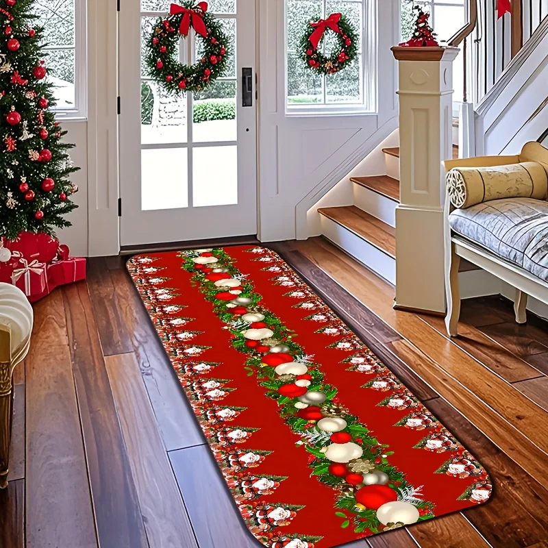 VIKAMA Red Christmas Hallway Runner Mat Central Pine Garland Bauble Santa Border Print Non‑slip Long Holiday Entryway Floor Rug