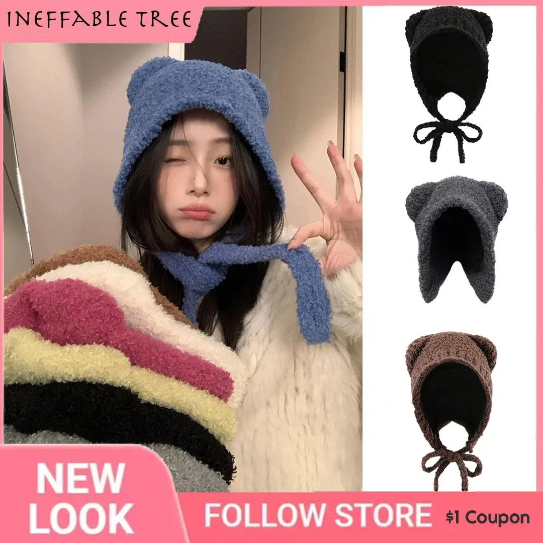 Korea Sweet Bear Ear Hat Winter Beanies Warm Lace-up Ear Protection Knitted Bomber Cap Bonnets Knitting Women Warm Fluffy Gorras