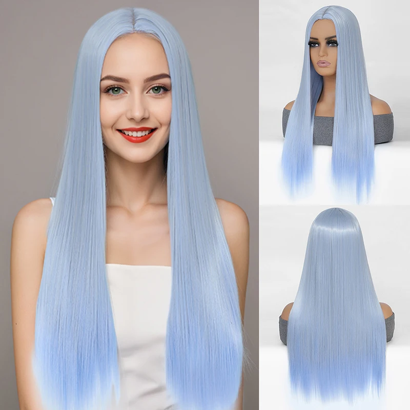 

Women's light blue long straight wig popular in Europe and America Synthetic fiber wig