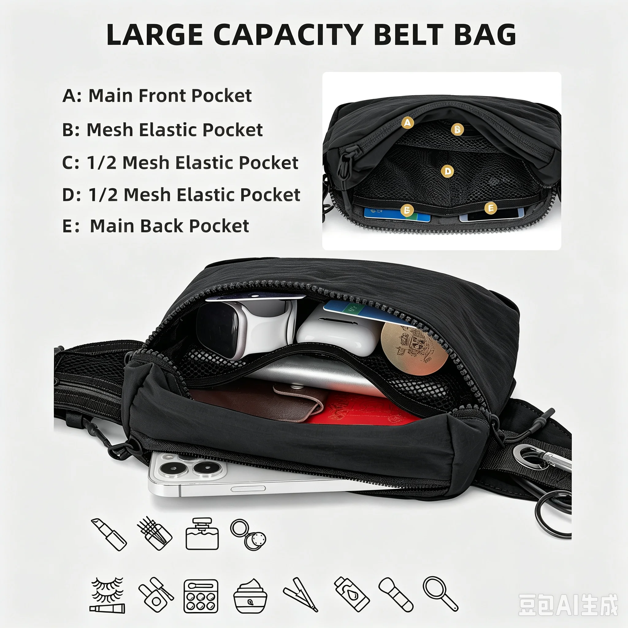 Multi-Pocket Sports Waist Bag, Fanny Pack Sports Bag Belt Running Bag Belt for iPhone Bag for Outdoor Training, Travel, Casual