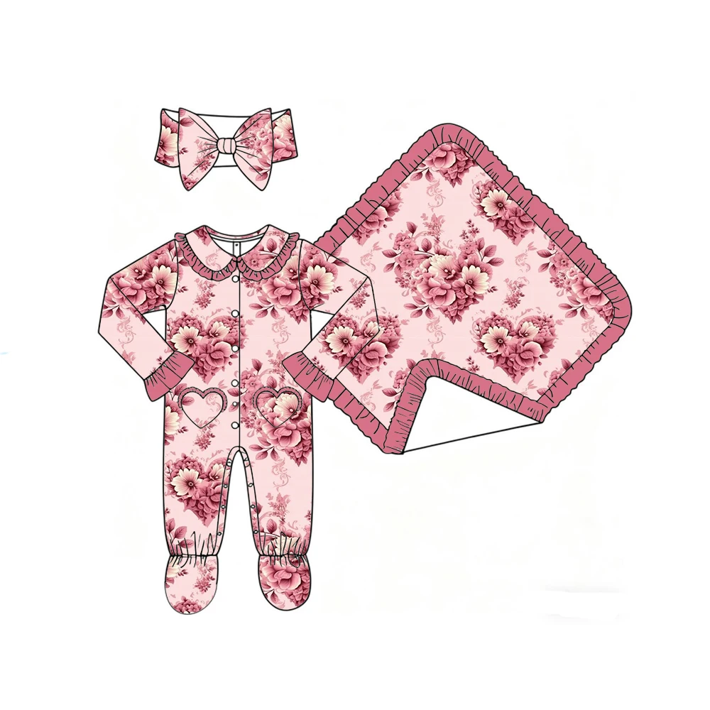 Boutique Girls' Blanket and Romper Lapel Ruffle Buttons Love Pocket Binding Feet Love and Flowers Print Custom Patterns