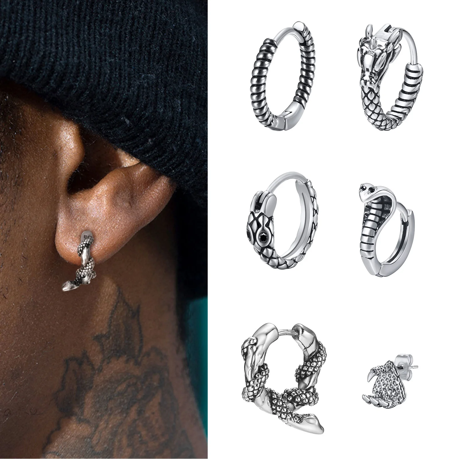 Men's Snake Earring Hoop Huggies, Never Fade Silver Color Stainless Steel Round Hoop Earring for Male Boys, brincos masculinos