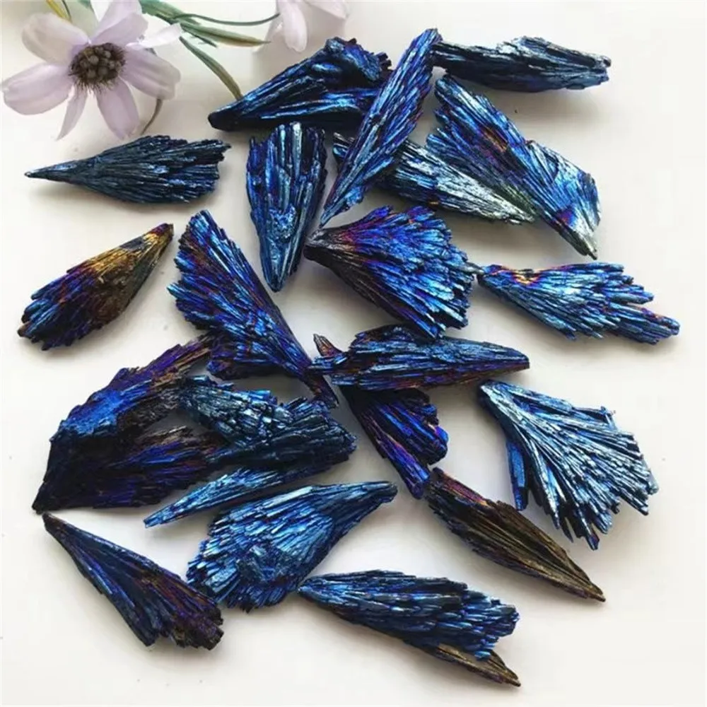 Wholesale electroplating black tourmaline peacock blue feather pine needle flame specimen mineral crystal cluster original stone