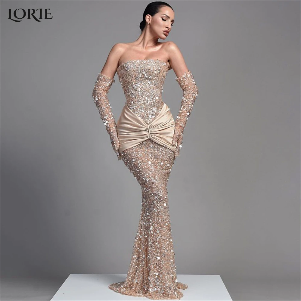 

LORIE Light Champagne Mermaid Evening Dresses Luxury Off Shoulder Pleats Bodycon Celebrity Dress Sparkly Party Gowns No Gloves