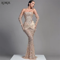 LORIE Light Champagne Mermaid Evening Dresses Luxury Off Shoulder Pleats Bodycon Celebrity Dress Sparkly Party Gowns No Gloves