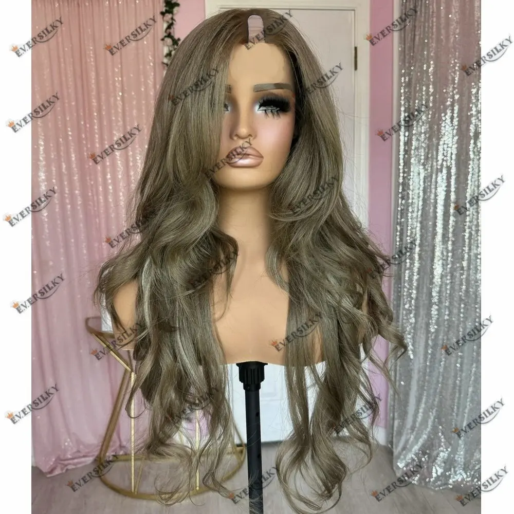 Light Cool Brown U Part Wig Human Hair Wig Slightly Curly Baby Hair V Part Wig Indian Human Hair Full Machine Made for Women