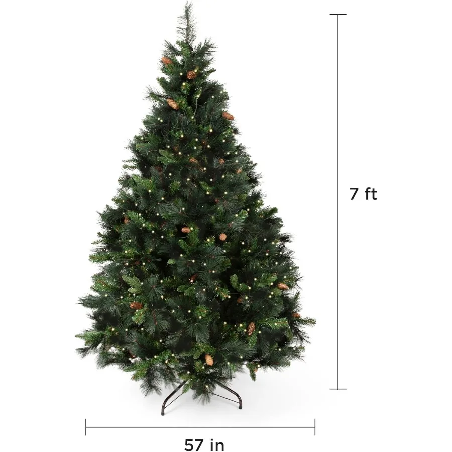 شجرة عيد الميلاد الاصطناعية المضاءة مسبقًا بطول 7 أقدام، مخاريط صنوبر كارولينا، أضواء بيضاء دافئة تتضمن حامل وحقيبة تخزين