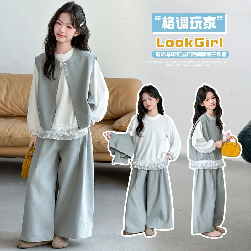 

Junior Girls Vest Tee Pants 3Pieces Clothes Sets Princess Casual Fashion Suit Teen Kids Korean Style Suit Child Daily Outfits
