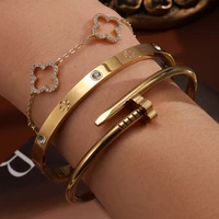 Stainless Steel Gold Plated Four-Leaf Flower Nails Stacked Bracelet Bangles Shiny Zircon Couple Jewelry Gift - Image 5