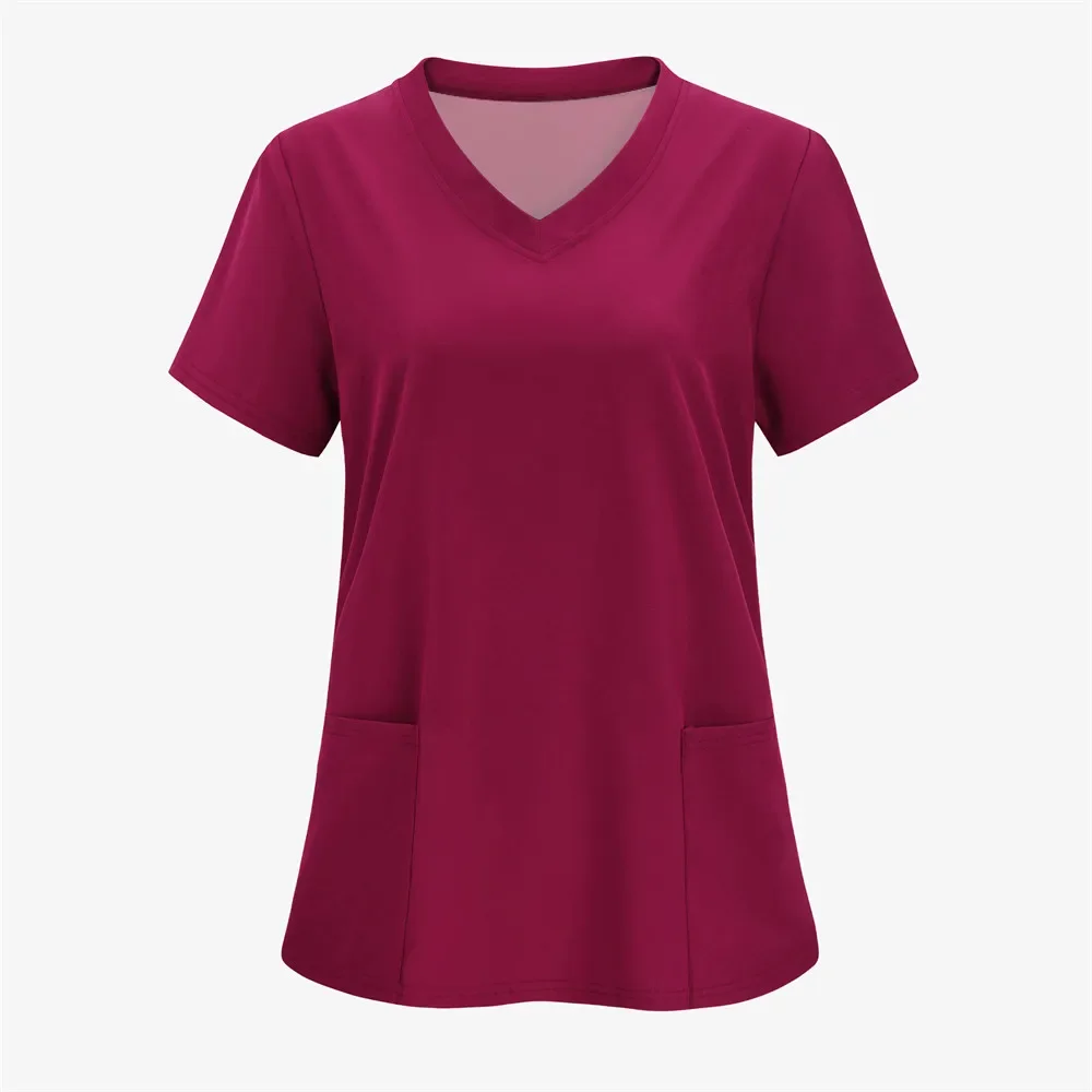 Сплошные цветные женские футболки, медицинская униформа для кормления, эластичная футболка с v-образным вырезом и короткими рукавами, топы с карманами, женская одежда