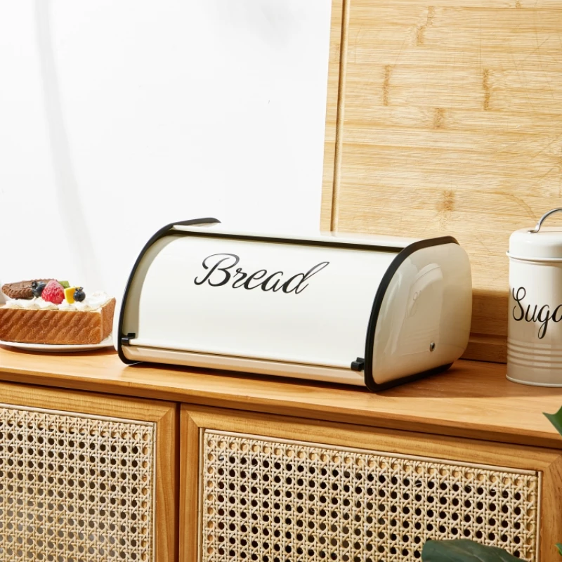 

Beige Metal Bread Box with Sliding Lid,Kitchen Dry Food Storage Container,Countertop Pantry Baguette Baking Cake Toast Organizer