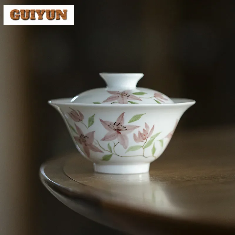 

120ml Hand-painted Powder Color Jade Mud Gaiwan Ancient Tea Tureen Tea Bowl With Lid Kit Tea Making Cover Bowl Teaware Ornaments