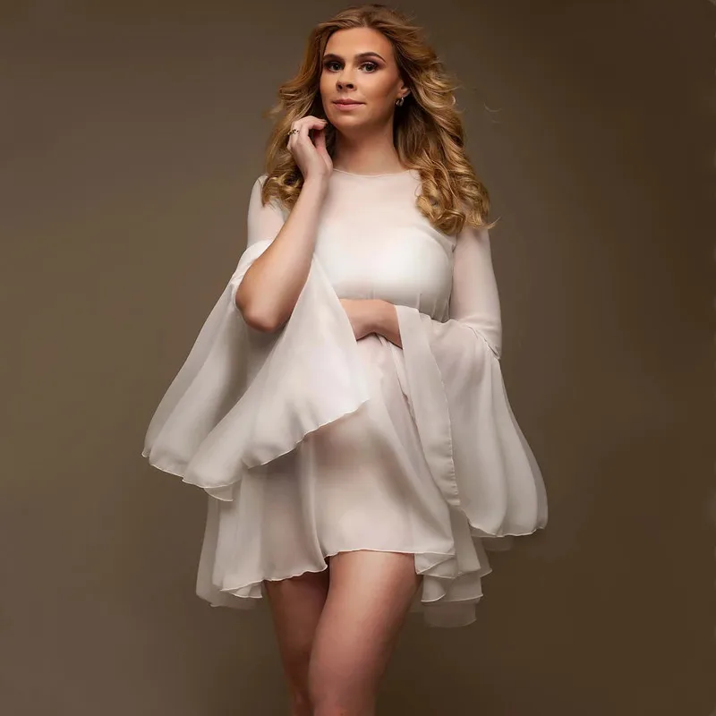 White Maternity Dresses Chiffon Photography Short Flare Sleeve See Through Dresses Pregnancy Photo Shoot Clothing