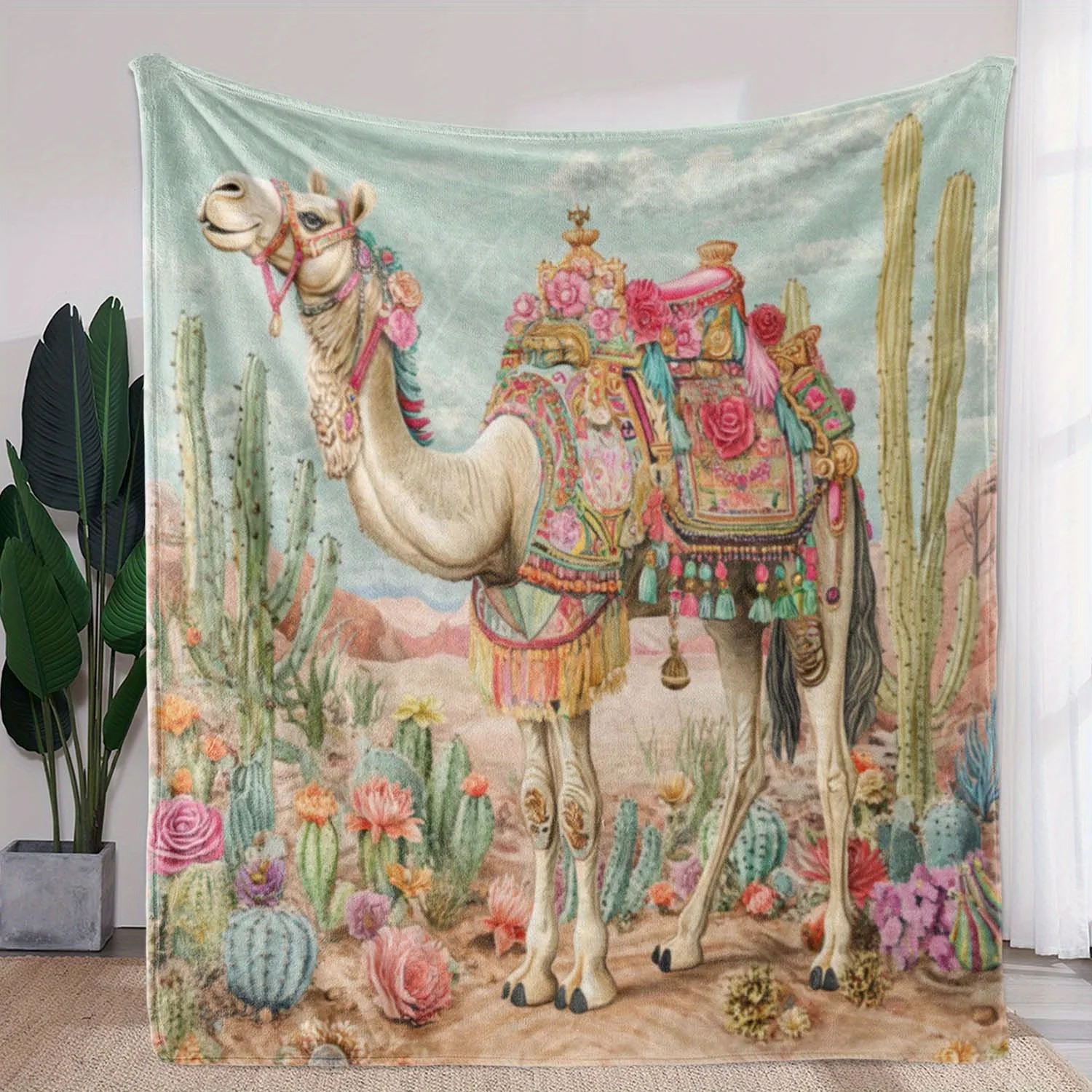 Bohemian Camel Desert Cactus Print Throw Blanket Nap Cover Southwestern Tapestry Decor Boho Home Wall Art Cozy Farmhouse Bed Thr