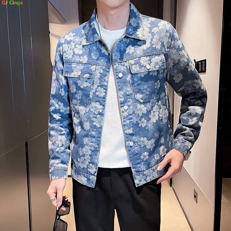 2026 Men\'s Red Printed Denim Jacket, Single Breasted Square Collar Coat, White Blue Trim, Asian Size M-4XL
