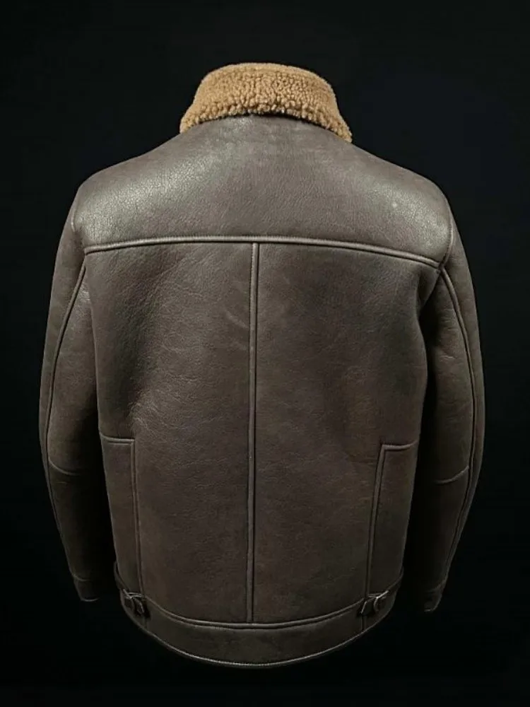 Retro Leisure Turn Down Collar Warm Genuine Leather Jacket Solid Color Single-Breasted Sheepskin Male Long Sleeves Outerwear