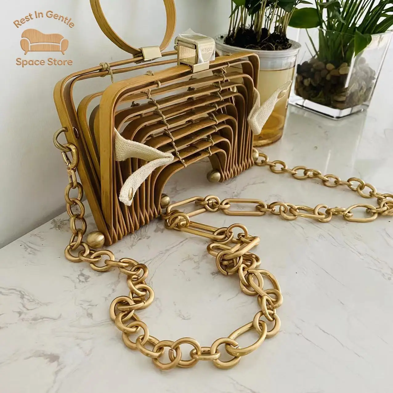 Customized handmade bamboo woven bag, shoulder , hollowed-out handbag, vacation women's bag, beach  bamboo , vegetable