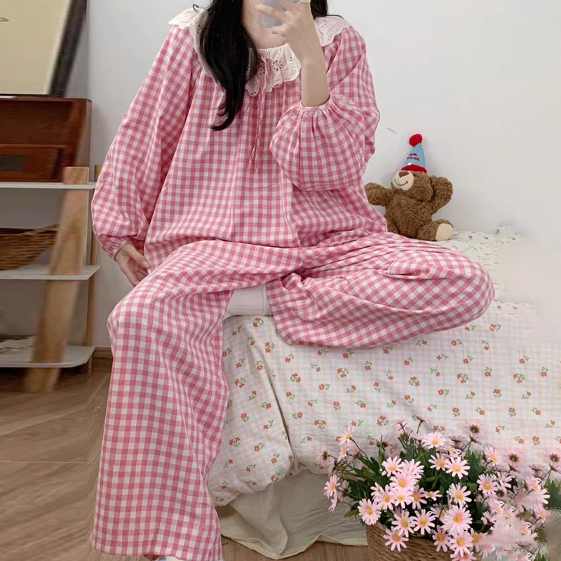 Sweet Long Sleeve Plaid Lace Pajamas Loose Casual Pink Nightwear Set Korean Ins Style Pajamas Women