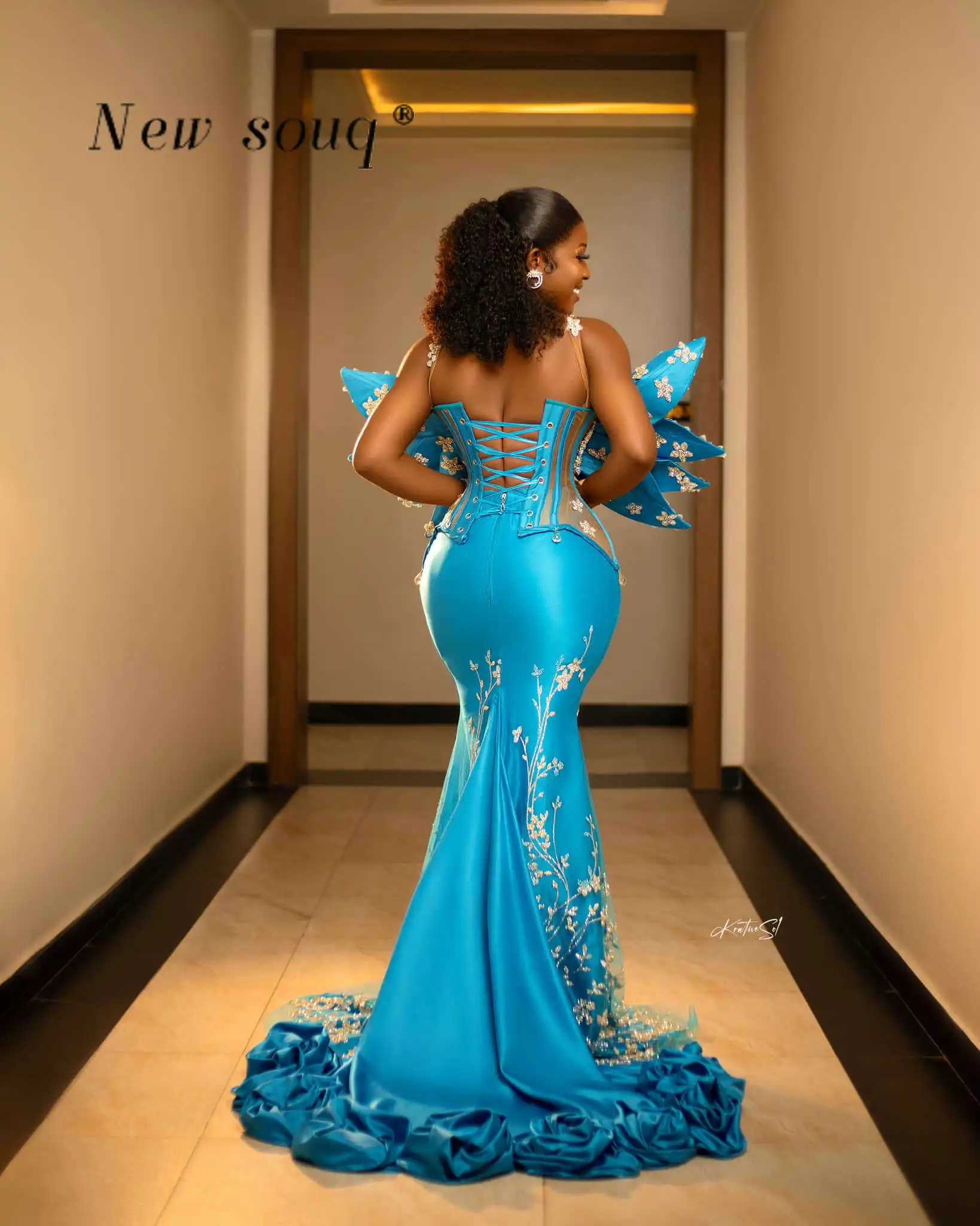 Aso Ebi Sky Blue Mermaid Satin Mermaid Evening Dresses African Plus Size Beaded Formal Party Second Reception Birthday Gowns