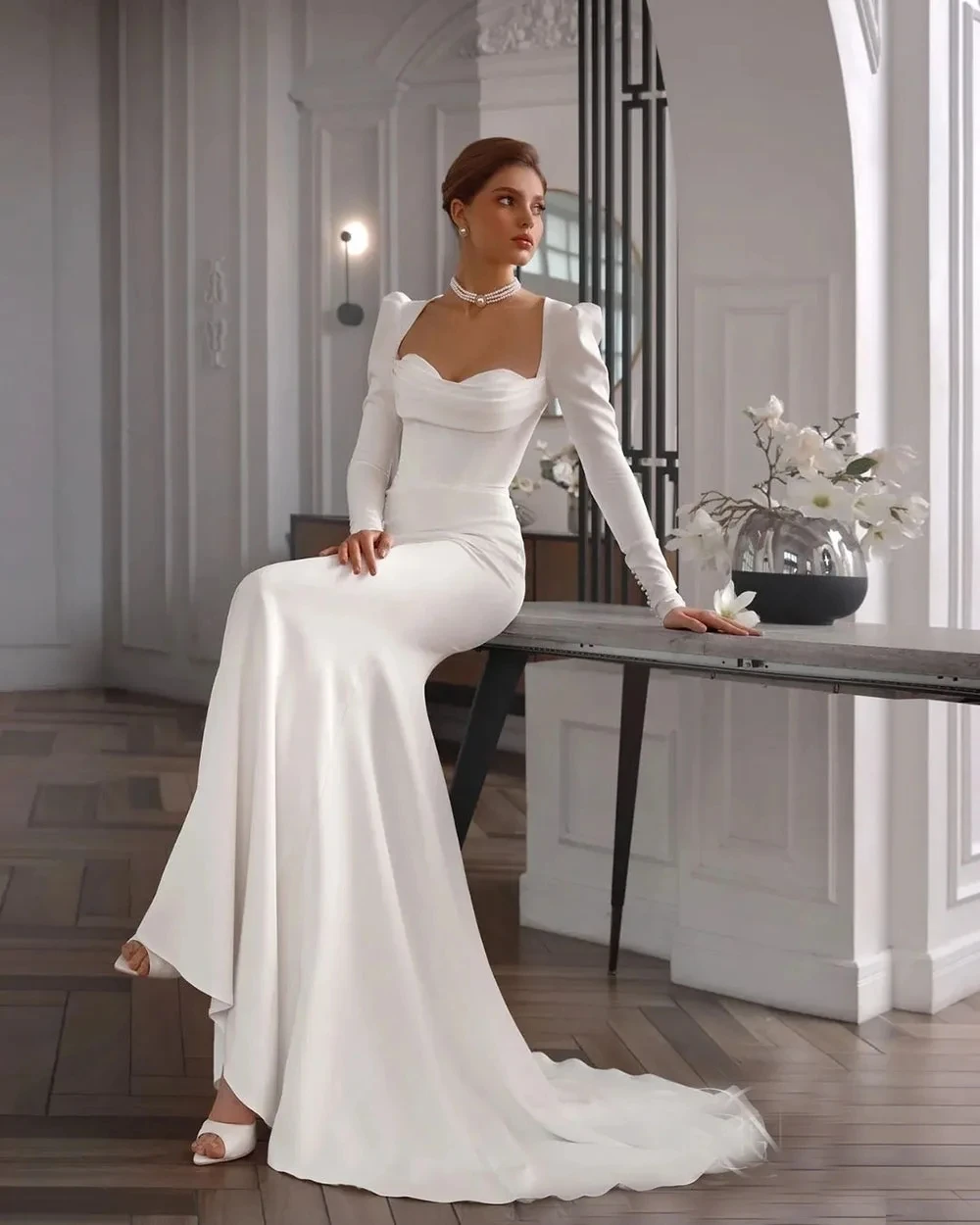 White Bridal Gowns Long Sleeve Sweetheart Satin Surface Women Shining Mermaid Formal Elegant Engagement Party Wedding Dresses