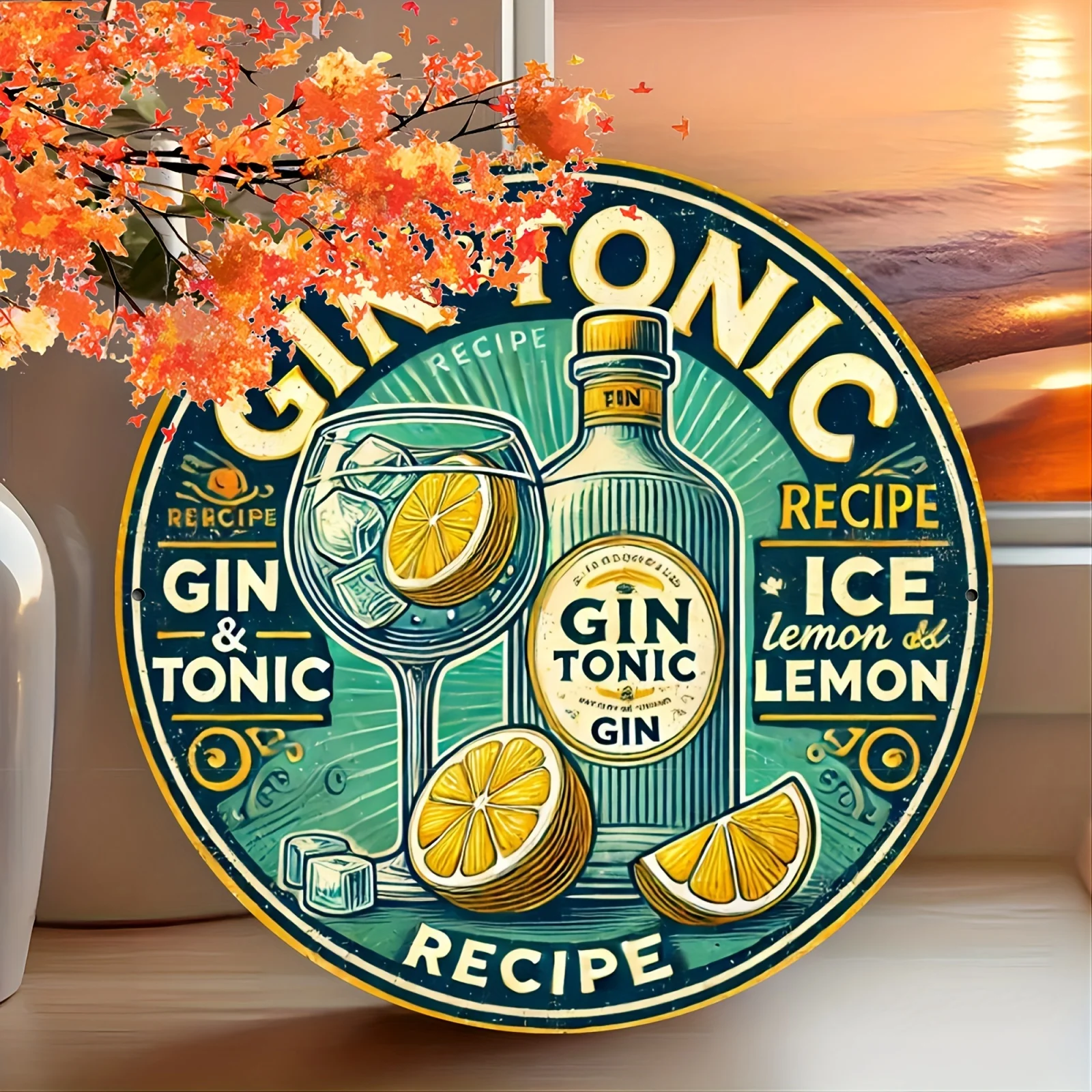Letrero de metal plano 2D, 1 pieza, receta tónica de ginebra vintage, arte de pared redondo de aluminio de 20,32x20,32 cm con diseño de limón y hielo, resistente a la intemperie