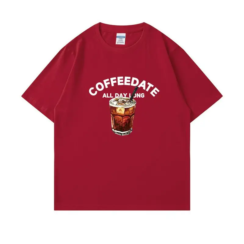 Letnia koszulka z krótkim rękawem z nadrukiem kawy na lodzie w stylu amerykańskim, bawełniana, męska i damska, luźny krój, okrągły dekolt, dla par, codzienna odzież.